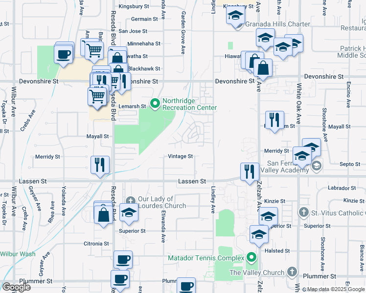 map of restaurants, bars, coffee shops, grocery stores, and more near 18170 Andrea Circle South in Los Angeles