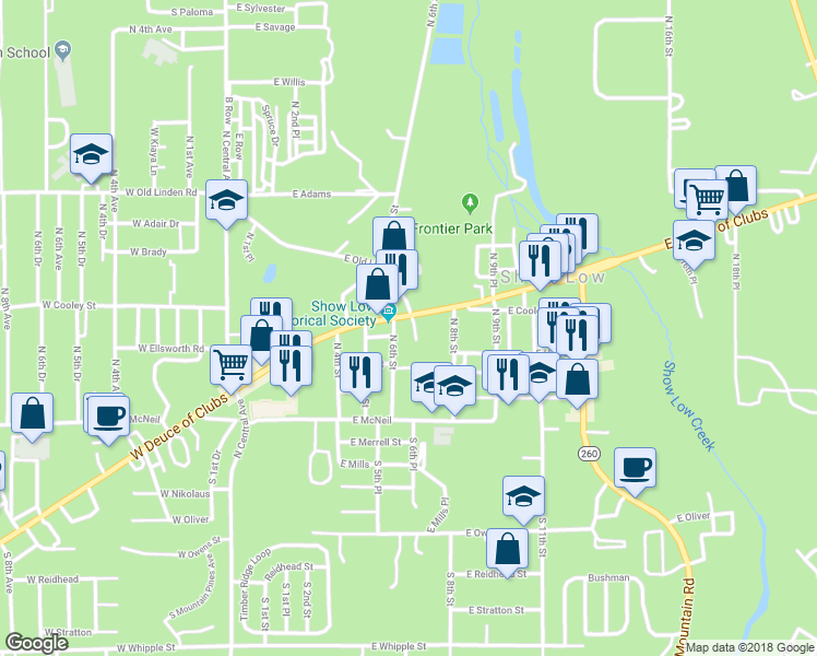 map of restaurants, bars, coffee shops, grocery stores, and more near 641 East Deuce of Clubs in Show Low