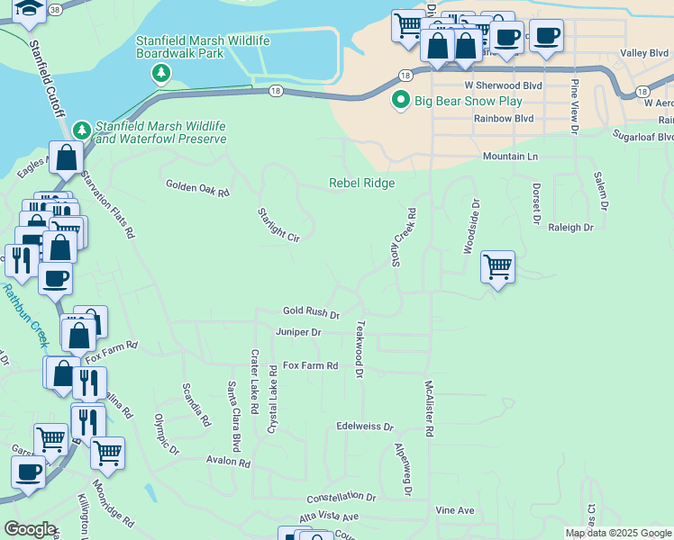 map of restaurants, bars, coffee shops, grocery stores, and more near 195 Teakwood Drive in Big Bear Lake