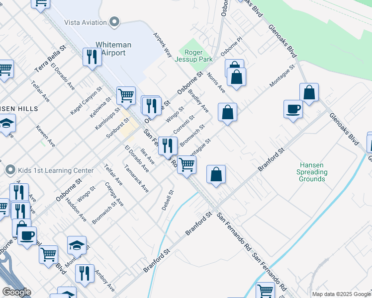 map of restaurants, bars, coffee shops, grocery stores, and more near Bromwich Street in Los Angeles