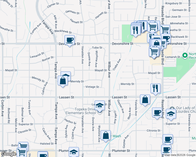 map of restaurants, bars, coffee shops, grocery stores, and more near 10020 Wystone Avenue in Los Angeles