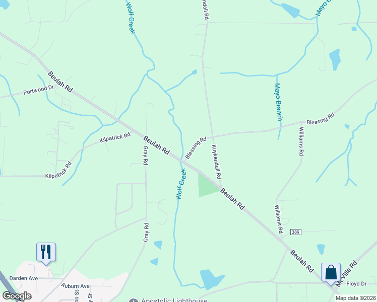 map of restaurants, bars, coffee shops, grocery stores, and more near 55 Blessing Road in Boaz