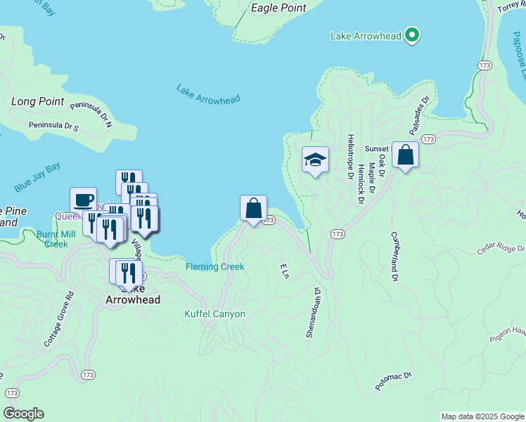 map of restaurants, bars, coffee shops, grocery stores, and more near 180 California 173 in Lake Arrowhead