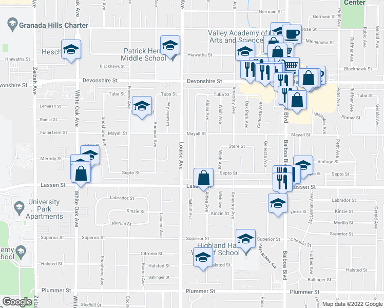 map of restaurants, bars, coffee shops, grocery stores, and more near 10011 Babbitt Avenue in Los Angeles