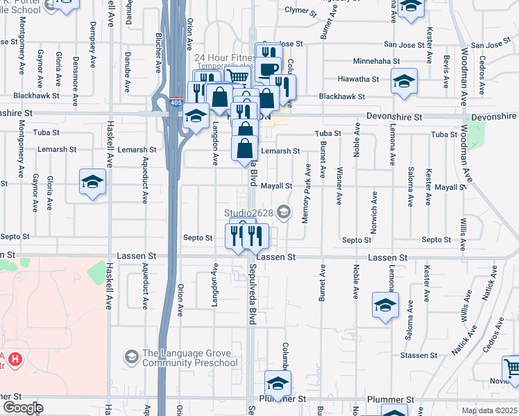 map of restaurants, bars, coffee shops, grocery stores, and more near 10020 Sepulveda Boulevard in Los Angeles