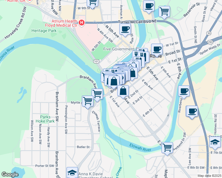 map of restaurants, bars, coffee shops, grocery stores, and more near 130 Broad Street in Rome