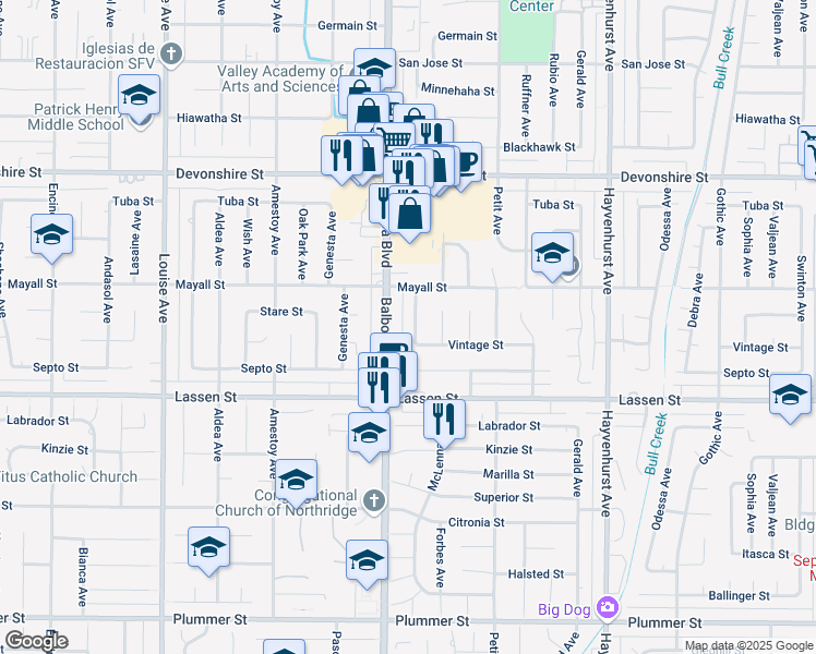 map of restaurants, bars, coffee shops, grocery stores, and more near 10017 McLennan Avenue in Los Angeles