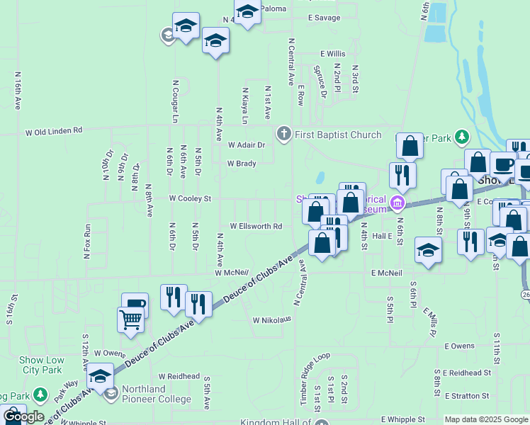 map of restaurants, bars, coffee shops, grocery stores, and more near 301 N 1st Dr in Show Low