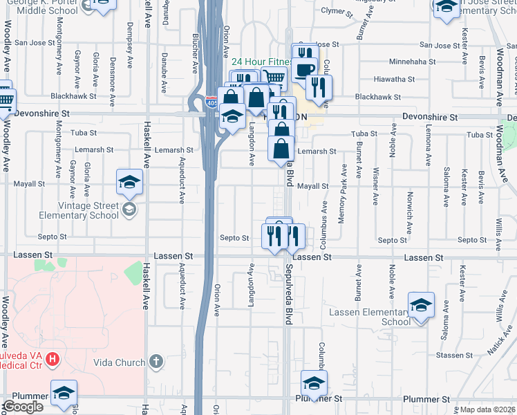 map of restaurants, bars, coffee shops, grocery stores, and more near 15448 Stare Street in Los Angeles