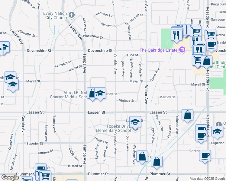 map of restaurants, bars, coffee shops, grocery stores, and more near 10037 Vanalden Avenue in Los Angeles