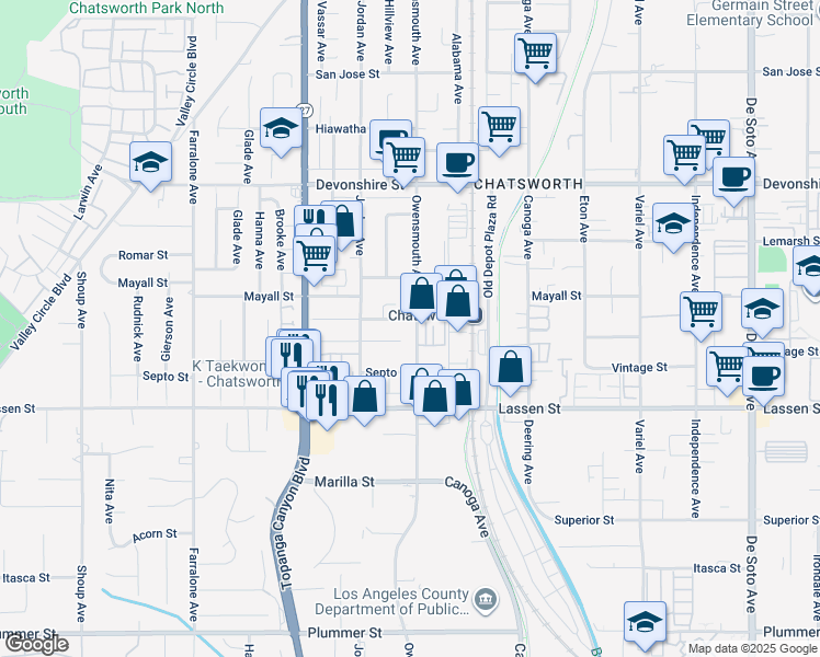 map of restaurants, bars, coffee shops, grocery stores, and more near 10027 Owensmouth Avenue in Los Angeles
