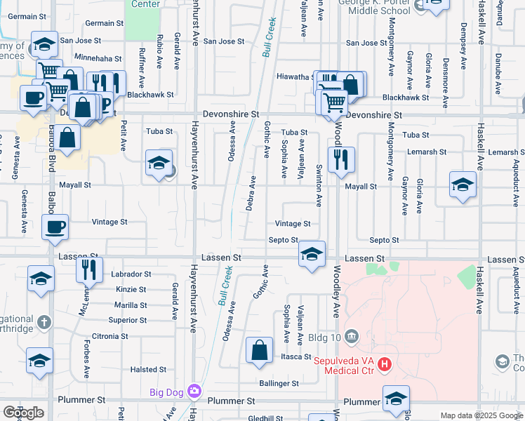 map of restaurants, bars, coffee shops, grocery stores, and more near 10019 Gothic Avenue in Los Angeles