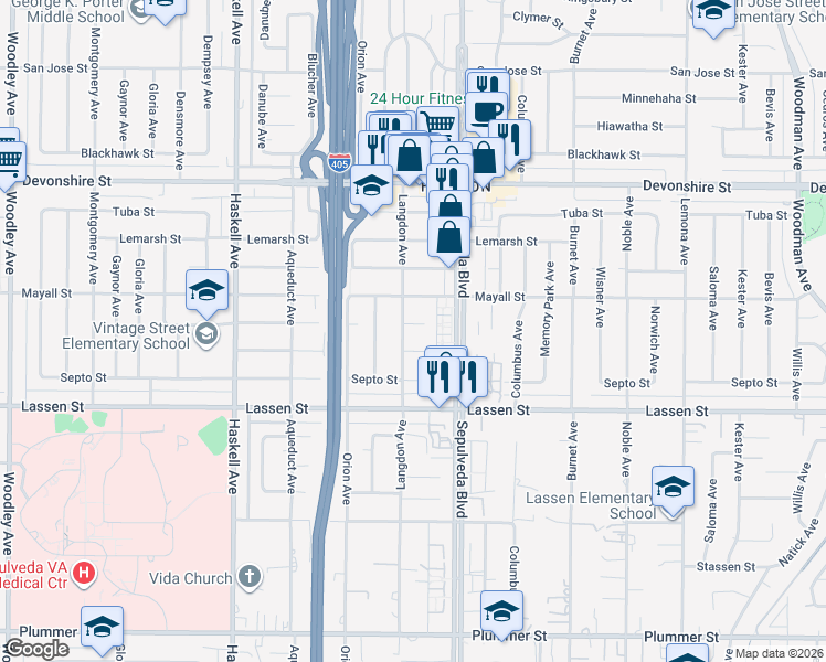 map of restaurants, bars, coffee shops, grocery stores, and more near 15448 Stare Street in Los Angeles