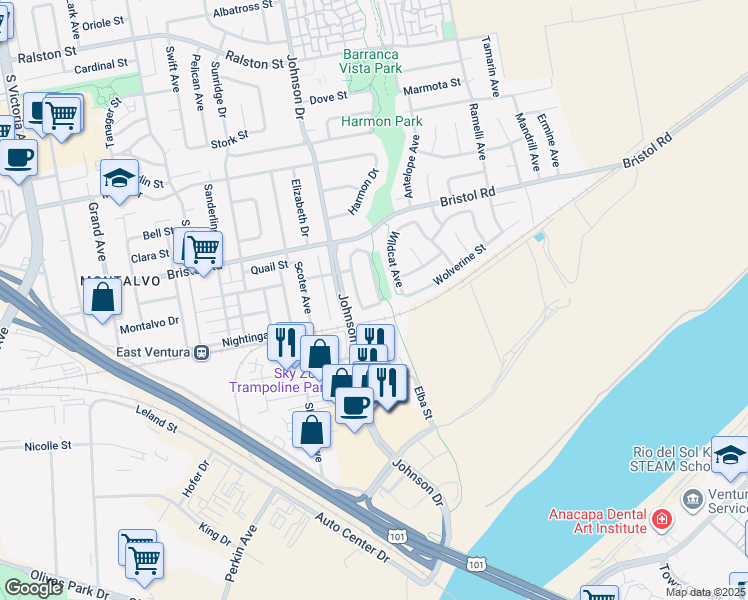 map of restaurants, bars, coffee shops, grocery stores, and more near 6893 Penguin Street in Ventura
