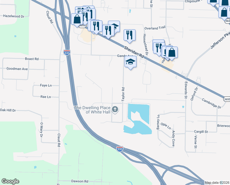 map of restaurants, bars, coffee shops, grocery stores, and more near 1903 Ginnett Road in White Hall