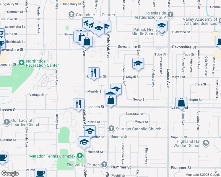 map of restaurants, bars, coffee shops, grocery stores, and more near 10020 White Oak Avenue in Los Angeles