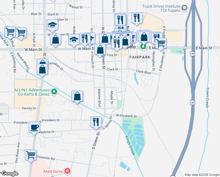 map of restaurants, bars, coffee shops, grocery stores, and more near 507 Maple Street in Tupelo