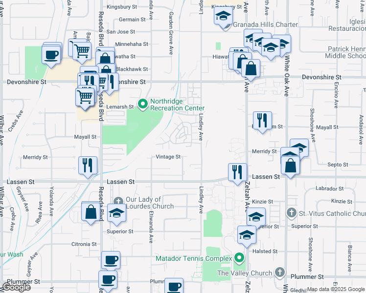 map of restaurants, bars, coffee shops, grocery stores, and more near 18140 Andrea Circle South in Los Angeles