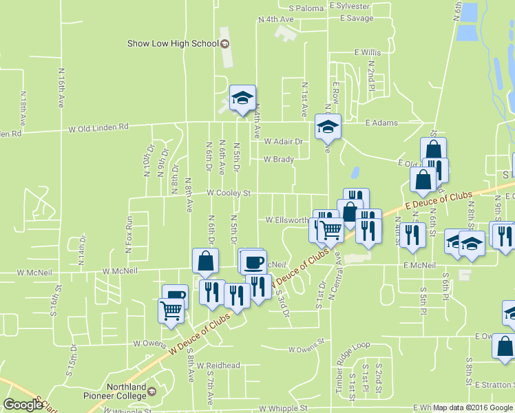 map of restaurants, bars, coffee shops, grocery stores, and more near 300 North 4th Avenue in Show Low