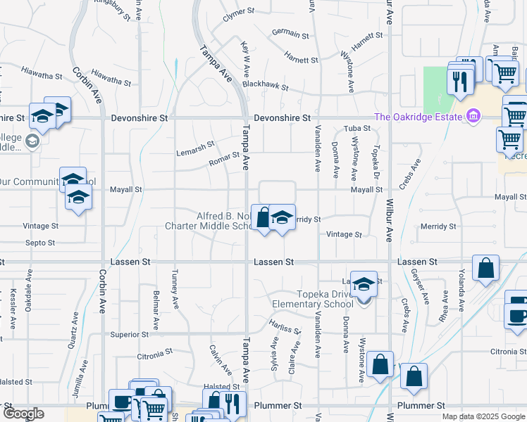 map of restaurants, bars, coffee shops, grocery stores, and more near 19236 Stare Street in Los Angeles