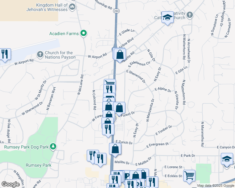 map of restaurants, bars, coffee shops, grocery stores, and more near 905 North Beeline Highway in Payson