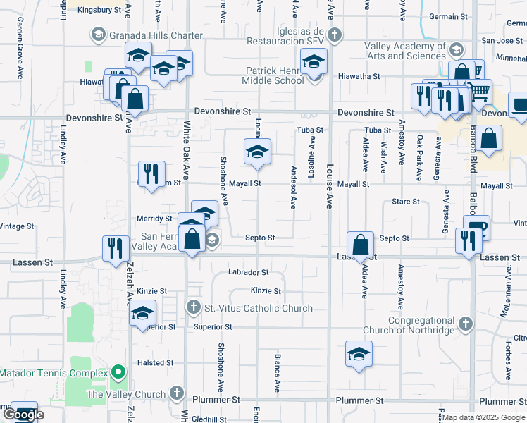 map of restaurants, bars, coffee shops, grocery stores, and more near 10016 Encino Avenue in Los Angeles