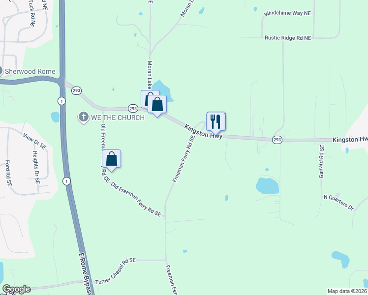 map of restaurants, bars, coffee shops, grocery stores, and more near 44 Freeman Ferry Road Southeast in Rome
