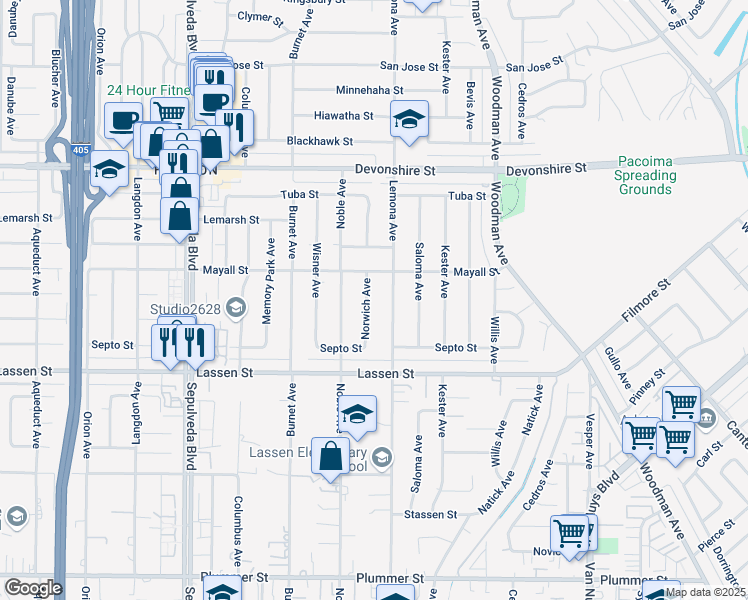 map of restaurants, bars, coffee shops, grocery stores, and more near 10024 Norwich Avenue in Los Angeles