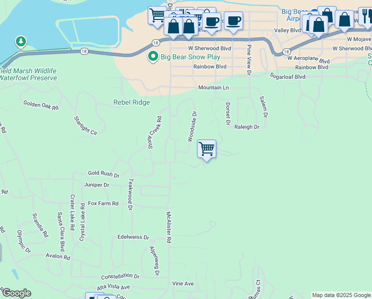 map of restaurants, bars, coffee shops, grocery stores, and more near 549 Woodside Drive in Big Bear