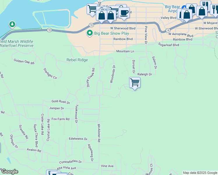 map of restaurants, bars, coffee shops, grocery stores, and more near 549 Woodside Drive in Big Bear