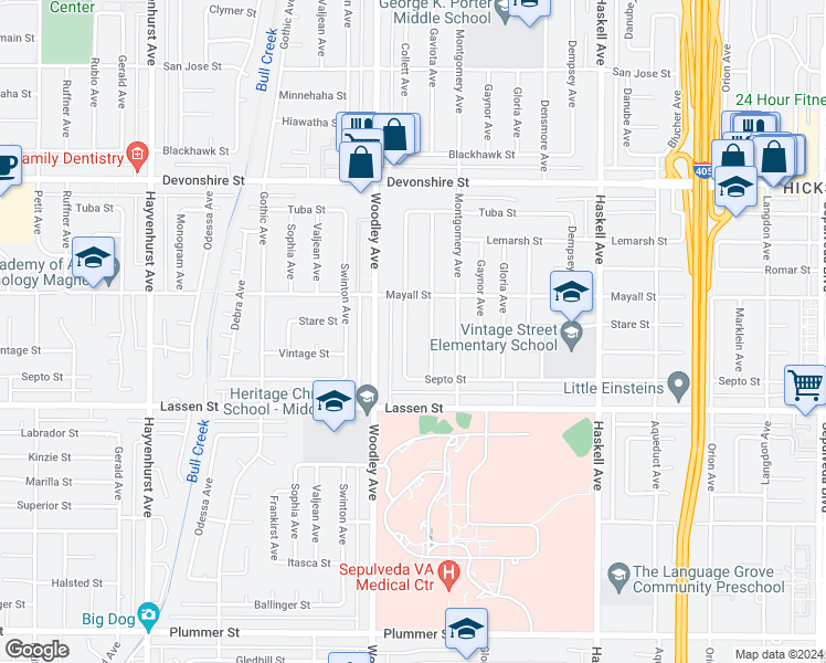 map of restaurants, bars, coffee shops, grocery stores, and more near 10020 Collett Avenue in Los Angeles