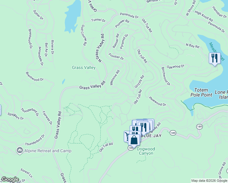 map of restaurants, bars, coffee shops, grocery stores, and more near 171 Golf Course Road in Lake Arrowhead