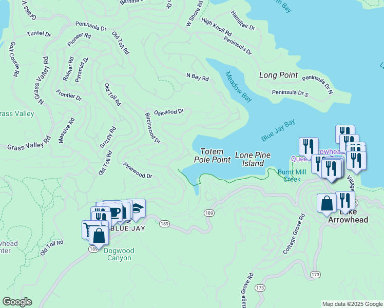 map of restaurants, bars, coffee shops, grocery stores, and more near 177 Shorewood Drive in Lake Arrowhead