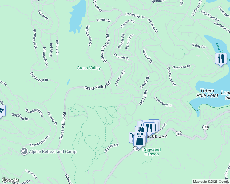 map of restaurants, bars, coffee shops, grocery stores, and more near 179 Golf Course Road in Lake Arrowhead