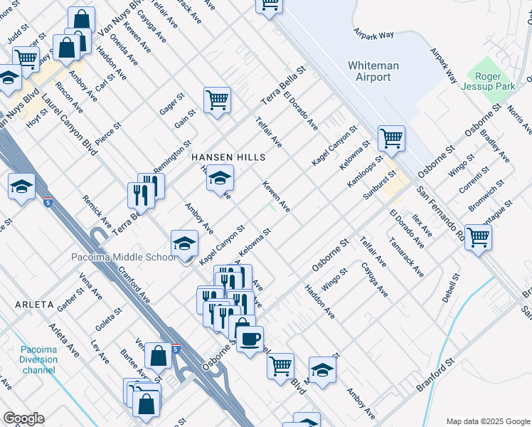map of restaurants, bars, coffee shops, grocery stores, and more near 13147 Kagel Canyon Street in Los Angeles