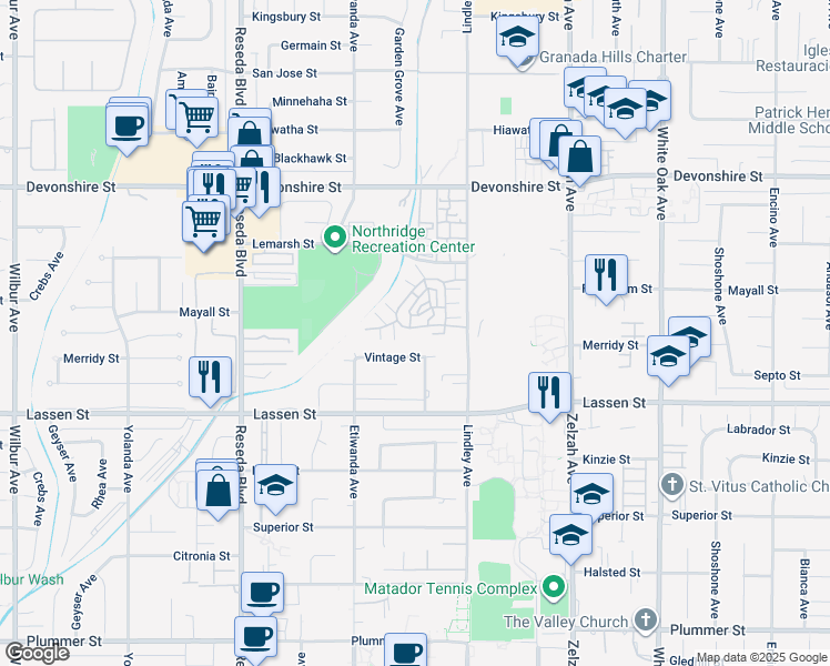 map of restaurants, bars, coffee shops, grocery stores, and more near 18170 Andrea Circle South in Los Angeles