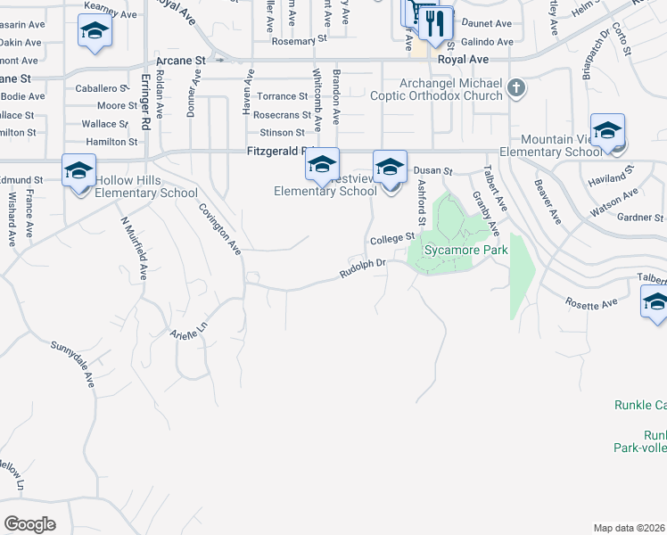 map of restaurants, bars, coffee shops, grocery stores, and more near 2361 Rudolph Drive in Simi Valley