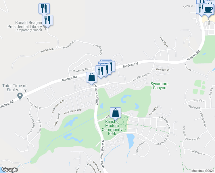 map of restaurants, bars, coffee shops, grocery stores, and more near 462 Country Club Drive in Simi Valley