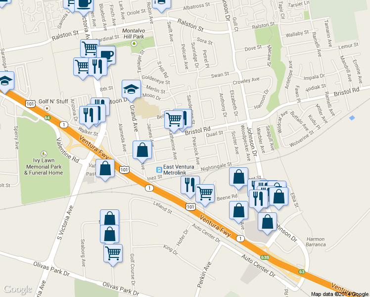 map of restaurants, bars, coffee shops, grocery stores, and more near 6325 Hummingbird Street in Ventura