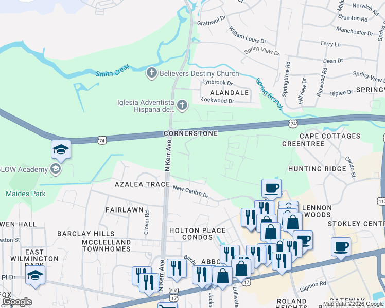 map of restaurants, bars, coffee shops, grocery stores, and more near 1018 North Kerr Avenue in Wilmington