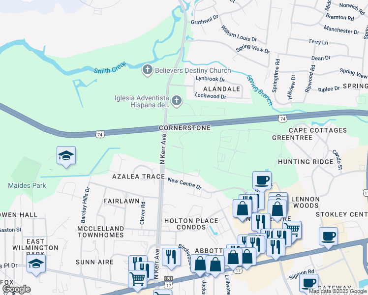 map of restaurants, bars, coffee shops, grocery stores, and more near 1018 North Kerr Avenue in Wilmington