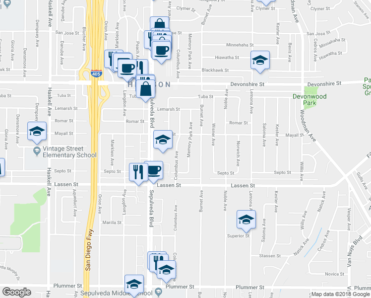 map of restaurants, bars, coffee shops, grocery stores, and more near 10025 Memory Park Avenue in San Fernando