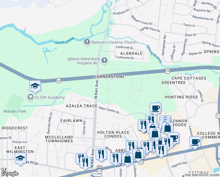 map of restaurants, bars, coffee shops, grocery stores, and more near 4523 Sagedale Drive in Wilmington