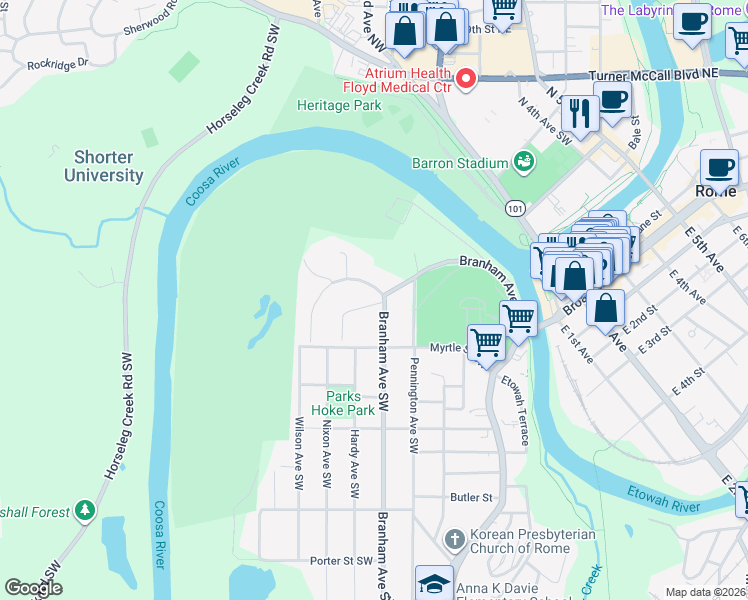 map of restaurants, bars, coffee shops, grocery stores, and more near 1 Virginia Circle Southwest in Rome