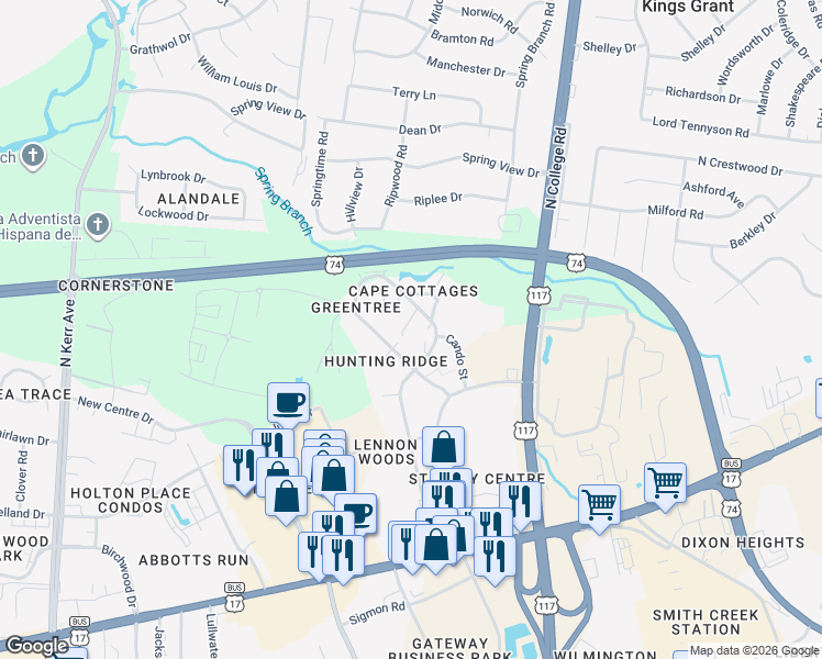 map of restaurants, bars, coffee shops, grocery stores, and more near 713 Clearwater Court in Wilmington