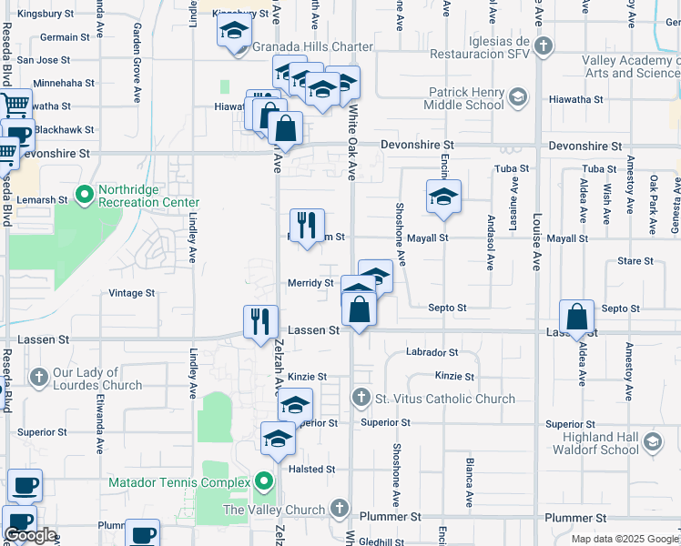 map of restaurants, bars, coffee shops, grocery stores, and more near 17727 Merridy Street in Los Angeles