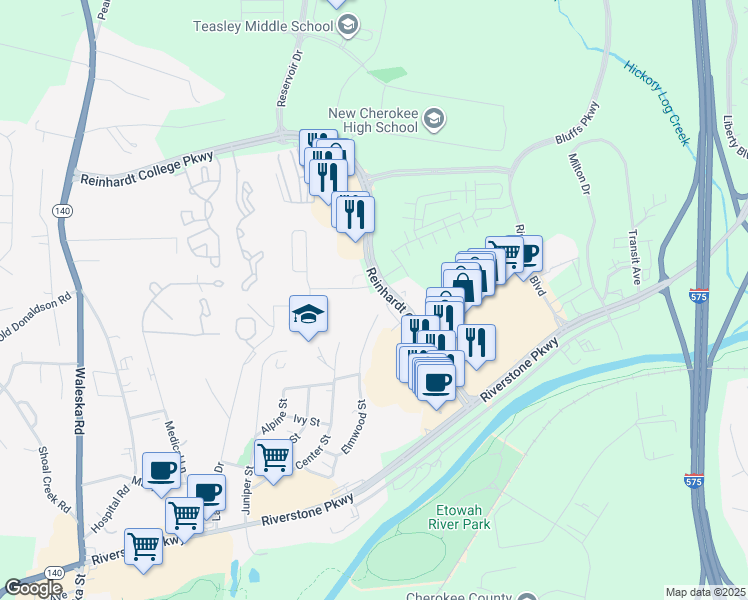 map of restaurants, bars, coffee shops, grocery stores, and more near 13 Reinhardt College Parkway in Canton