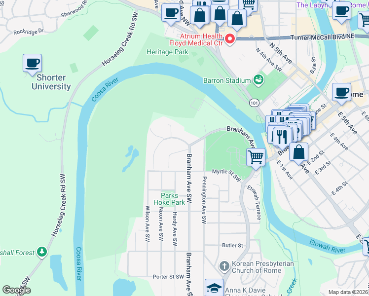 map of restaurants, bars, coffee shops, grocery stores, and more near 1 Virginia Circle Southwest in Rome