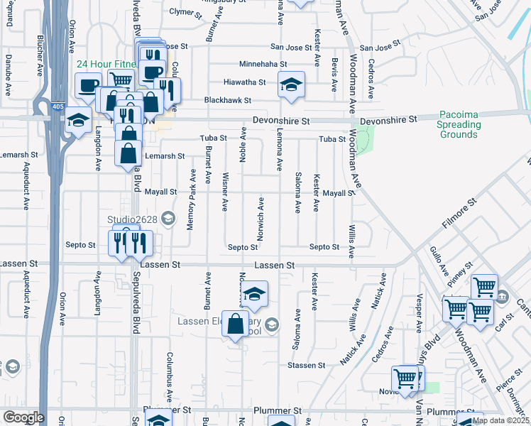 map of restaurants, bars, coffee shops, grocery stores, and more near 10024 Norwich Avenue in Los Angeles