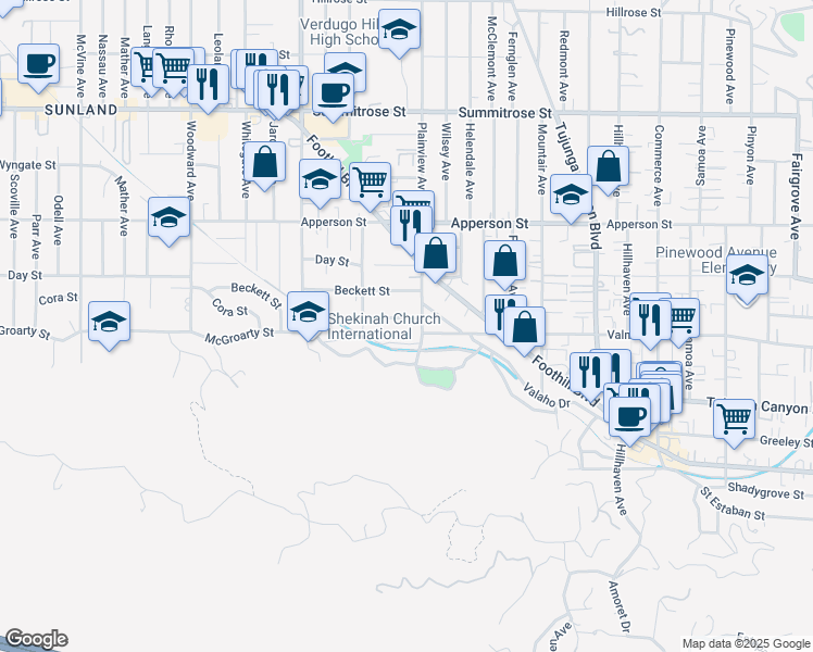 map of restaurants, bars, coffee shops, grocery stores, and more near 7614 Valmont Street in Los Angeles
